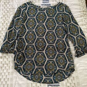 Graphic Blue and Green 3/4 Sleeve Blouse